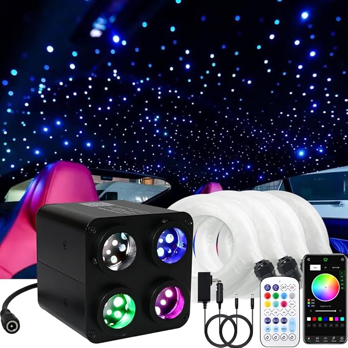 AMKI Updated 4Color Twinkle 36w Starlight Headliner Kits 1200pcs 0.03in 13.1ft Fiber Optic Light Cable 4 Ports Starlight Box App/Remote Control Sound Mode for Car Home Ceiling Decoration
