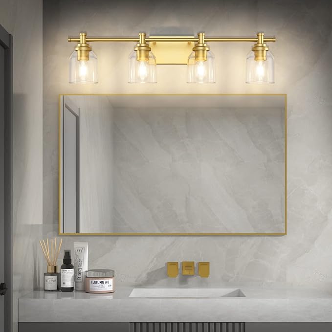 SOLFART Bathroom Lighting Fixtures Over Mirror Wall Sconce Gold Vanity Light Fixtures 4 Lights Bathroom Light