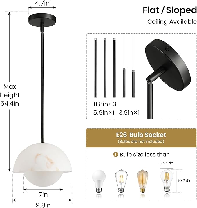 Modern Pendant Light Fixtures: 10 Inch Resin Shade Mid Century Chandelier with Milk Glass Globe - Adjustable Black Pendant Lighting for Kitchen Island