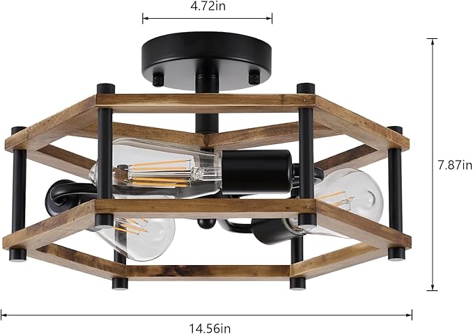 Dijiahua 3-Light Rustic Farmhouse Wood Flush Mount Ceiling Light Fixture, Black Semi Flush Mount Ceiling Lighting with Oak Wooden and Hexagonal Cage for Hallway Entryway Bedroom Kitchen