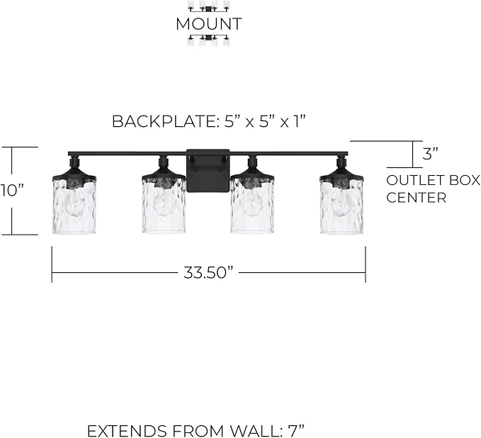 HomePlace Lighting 128841MB-451 Colton Mid-Century Clear Water Glass Bathroom Vanity Wall Light, 4-Light 400 Total Watts, 10" H x 34" W, Matte Black