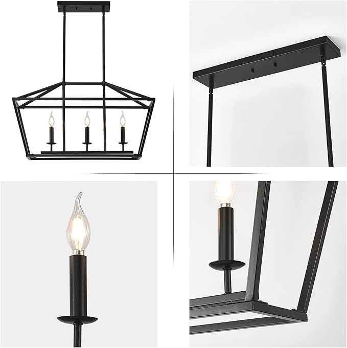 XILICON Dining Room Light Fixtures Over Table, 3-Light Black Farmhouse Chandelier Light Fixture Black Industrial Linear Pendant Lights Kitchen Island Candle Lantern Chandelier