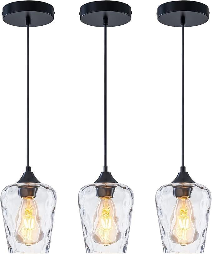 3 Pack Mini 5.1" Glass Pendant Lights Kitchen Island Lighting, Small Black Hammered Glass Pendant Light Fixtures, Black Hammered Glass Island Lights for Kitchen for Dining Room Sink