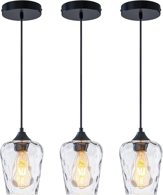 3 Pack Mini 5.1" Glass Pendant Lights Kitchen Island Lighting, Small Black Hammered Glass Pendant Light Fixtures, Black Hammered Glass Island Lights for Kitchen for Dining Room Sink