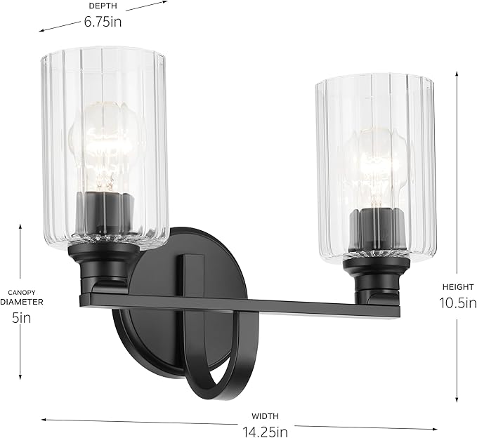 Kichler Gioe 14.25" 2-Light Bathroom Vanity Light Fixture with Clear Fluted Glass in Black, Damp Rated for Powder Room Over Mirror (14.25" W x 10.5" H), 55225BKFLU
