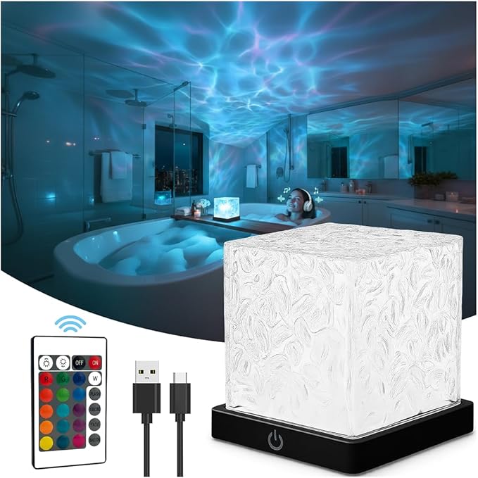 Rechargeable Shower Light Cube, 16 Colors Ocean Lamp, Waterproof Bathroom Mood Lighting, Ocean Wave Projector with Remote, Shower Mood Light, Bathtub Lights for Relaxing Spa, Bedroom Decor (Black)