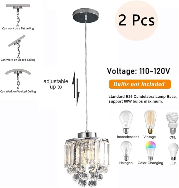 TFCFL 2 Pcs Chrome Crystal Ceiling Pendant Light, Crystal Beads Ceiling Hanging Light Fixture Pendant Light Lamp Chandelier Adjustable Height for Kitchen Island Dining Room Dining Hall