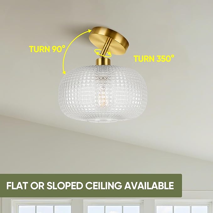 ROTTOGOON Semi Flush Mount Ceiling Light, Adjustable Hanging Gold Sloped Ceiling Lights with Clear Glass Shade Modern Hallway Light Fixtures for Kitchen Bathroom Entryway Bedroom (Bulb Not Included)