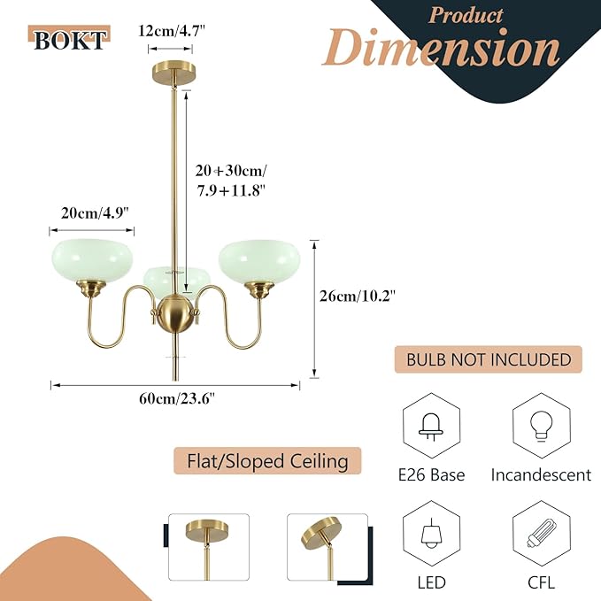 BOKT Green 3-Light Sputnik Chandelier Mid Century Modern Pendant Light Fixture with Glass Globe Lampshade Brass High Ceiling Chandelier Gold Pendant Ceiling Light for Living Room Island Farmhouse
