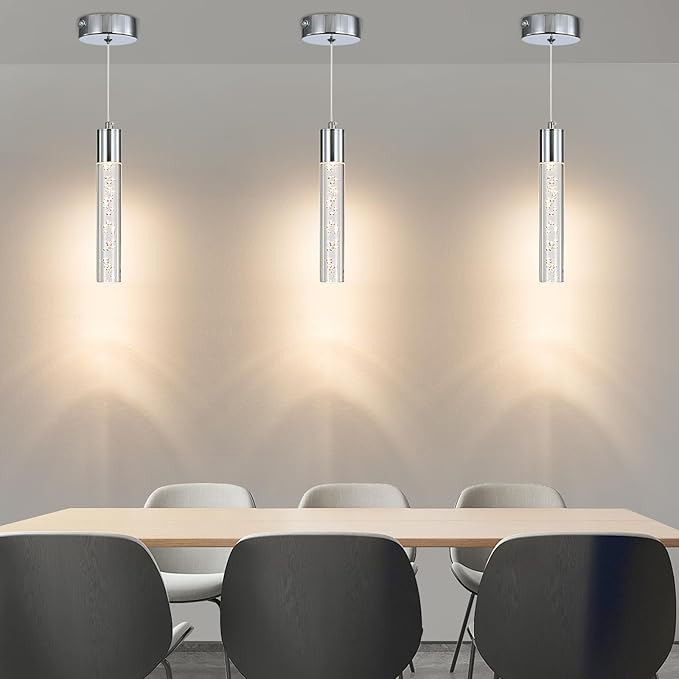 3 Pack Modern LED Pendant Light, Chrome Bubble Hanging Ceiling Lamp Fixture, 3 Color 2700K/4500K/6500K, Small Kitchen Island Chandelier Over Table for Dining Room, Living Room, Bedroom, Bar, Cafe