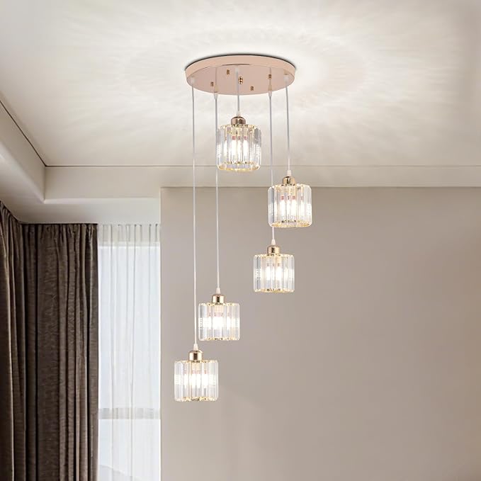 Crystal Pendant Lights Chandeliers for High Ceilings Modern Crystal Chandeliers Hanging Light Fixture Raindrop Drop Lamp for Dining Room Foyer Living Room Entryway Gold 5 Lights
