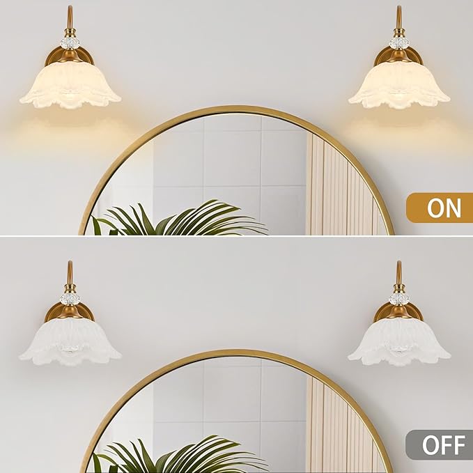 1 Piece Vintage Wall Sconce with Floral White Glass Shade, Matte Brass Finish Wall Sconce for Bathroom, Vintage Bathroom Vanity Light Fixture