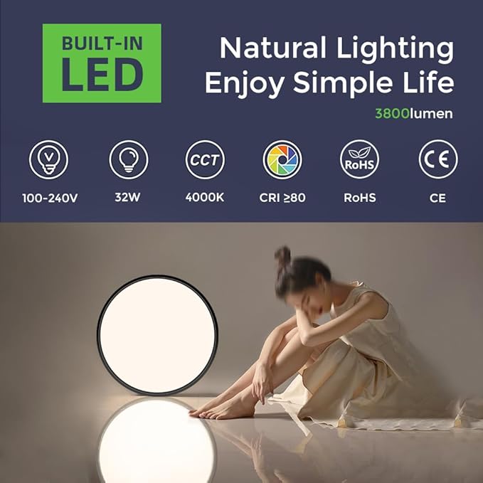 LightingWill 15.7 Inch Black Flush Mount LED Ceiling Light Fixture 32W, 4000K Daylight White, 3800LM, Flat Modern Round Closet Lighting Fixtures, Low Profile Ceiling Lamp for Bedrooms, Hallway .etc.