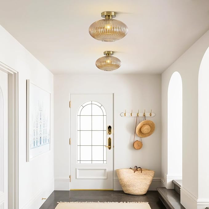 BOKT Brass Gold Semi Flush Mount Ceiling Lighting Amber Modern Schoolhouse Light Fixture Globe Glass Industrial Close to Ceiling Light with Glass Shade for Bathroom Entryway Farmhouse