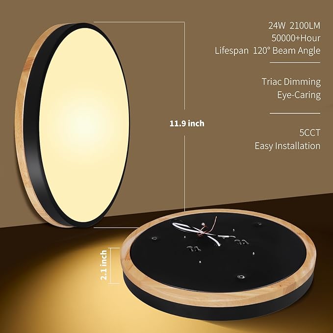 12 Inch Wood LED Flush Mount Ceiling Light Fixtures 5CCT 2700-5000K 24W Dimmable | Overhead Light | Round | Black | Ceiling Lamp | Bathroom | Bedroom | Kitchen | Hallway | Laundry Room