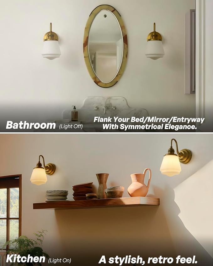Vintage Wall Sconce Antique Brass Gold Bathroom Vanity Light with Frosted Milk Glass Shade Indoor Hardwire Wall Mounted Lamp Light for Bathroom Mirror Living Room Bedroom Kitchen