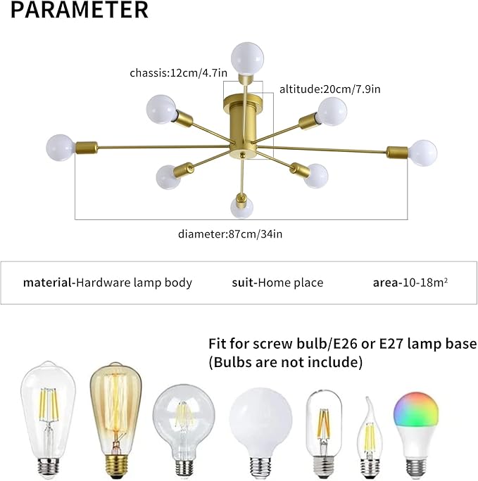 Garwarm 8-Light Sputnik Ceiling Light Modern Semi Flush Mount Ceiling Light Mid Century Gold Chandelier Pendant Lighting for Kitchen Dining Room Bedroom
