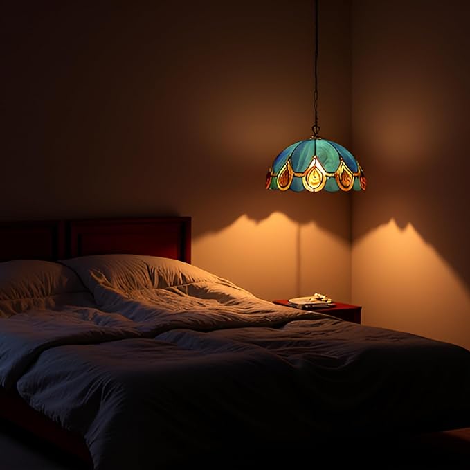 Tiffany Pendant Light Plug in Stained Glass Hanging lamp 12X12X181 Inch Hanging Lamp Living Room Bedroom Kitchen Dining Room Office（Peacock Crystal Style