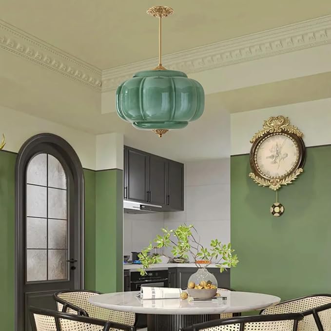 Green Milk Glass Pendant Light Vintage Schoolhouse Light Fixture Easy Change Bulb Chandelier Gold Traditional Semi Flush Mount Ceiling Light for Bedroom Kitchen Dining Room