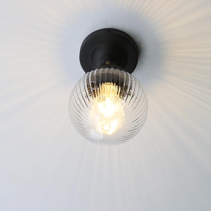 Pathson Modern Semi Flush Mount Ceiling Light Fixture with Striped Globe Glass Shade, Industrial Ceiling Lighting Lamp for Living Room Foyer Hallway Bedroom Over Kitchen Sink