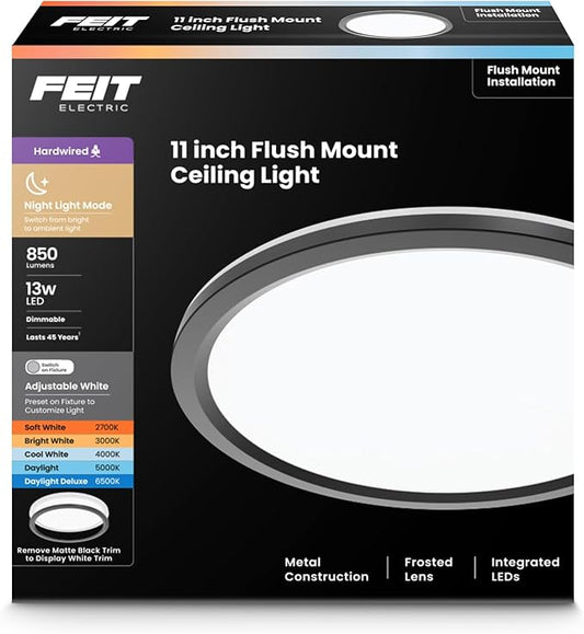 Feit Electric 11" Round LED Flat Panel Light, Adjustable White 5 Color Temperatures, Night Light Mode, Dimmable, Slim Profile with Interchangeable Magnetic Frames, FP11RT/5CCT/NL/WH