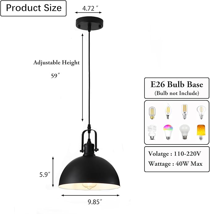 Kitchen Pendant Lighting Over Island, Matte Black Hanging Light Fixture, Pendant Lights for Dining Living Room Hallway