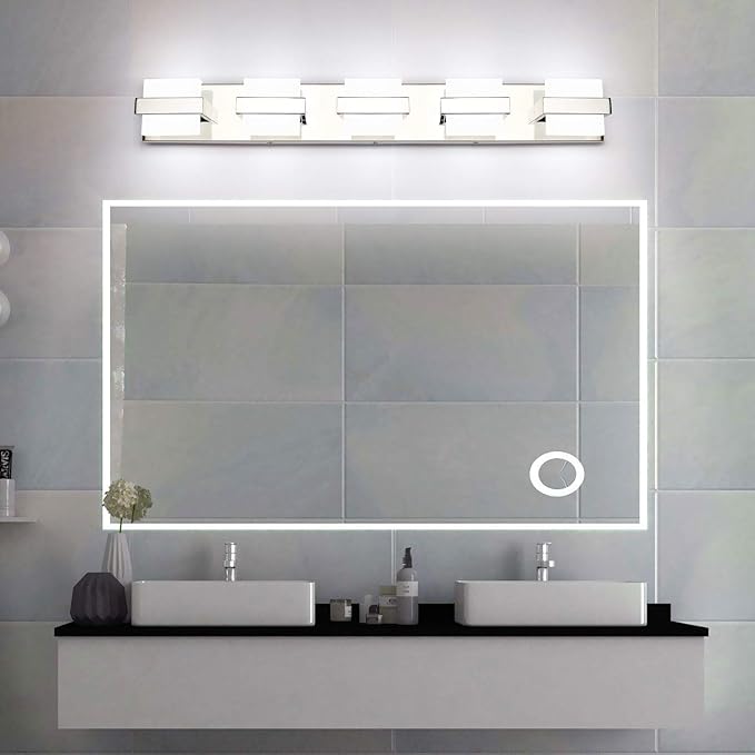 SOLFART Chrome 5 Light Bathroom Vanity Lights Over Mirror, Modern Chrome Bathroom Light Fixtures LED Lights Dimmable