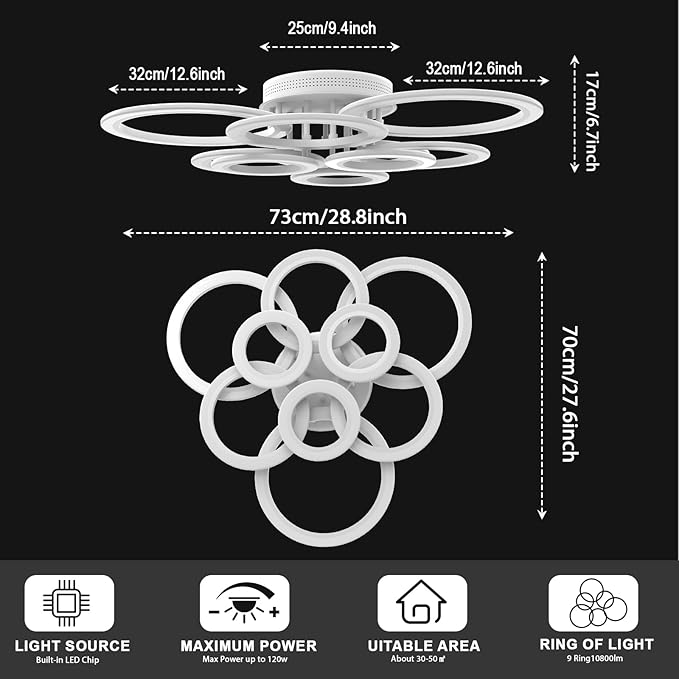 Modern LED Ceiling Light, 9 Ring Flush Mount Ceiling Light Fixture, Lampara de Techo con Control Remoto y App, 2800K-7000K Dimmable, 120W Chandeliers for Dining Room, Living Room, Bedroom