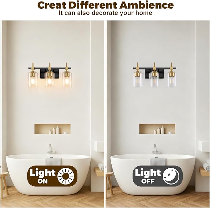 Asnxcju 3-Light Black and Gold Bathroom Light Fixtures, Vanity Lights for Bathroom with Textured Glass Shade, Modern Vanity Wall Lighting Over Mirror, Vintage Wall Lamp for Living Room Cabinet Hallway