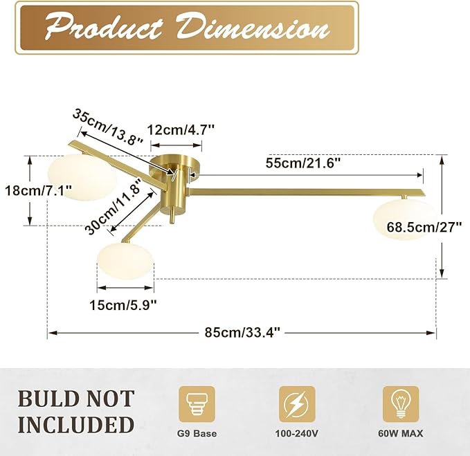 3-Light Flush Mount Sputnik Ceiling Light Fixture,Gold Brass Chandelier Mid Century Modern,Family Dining Table Lighting,Bedroom Kitchen Island Living Room MCL03-GD