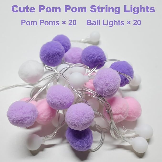 ChiRee Indoor String Lights 6.56 Feet Pom Poms Fairy Lights 20 LED Battery Operated String Ball Lights Warm White Globe Lights Colorful Decor Lights for Home Bedroom Kids Playhouse Holiday Christmas