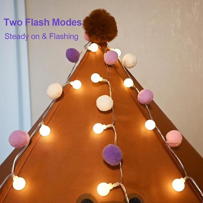 ChiRee Indoor String Lights 6.56 Feet Pom Poms Fairy Lights 20 LED Battery Operated String Ball Lights Warm White Globe Lights Colorful Decor Lights for Home Bedroom Kids Playhouse Holiday Christmas