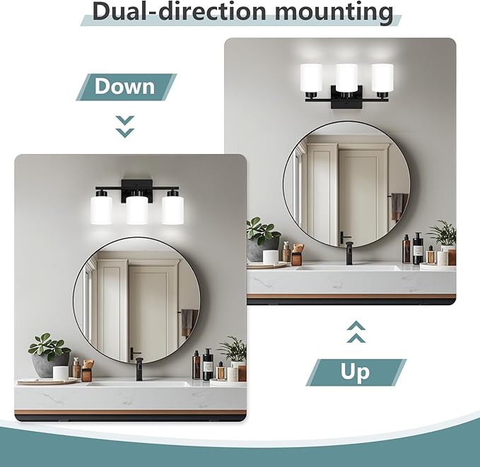 Black Bathroom Light Fixtures, 3-Light Modern Vanity Lights with Milky White Frosted Glass Shades, Wall Sconces for Mirror, Bathroom, Restroom (E26 Socket)