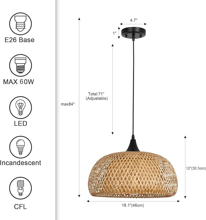 Rustic Farmhouse Bamboo Pendant Light - 18 Inch Large Dome Handwoven Ceiling Mounted Bamboo Chandelier Shades, Coastal Beach Hanging Rattan Light Fixture for Kitchen, Dining, Living Room
