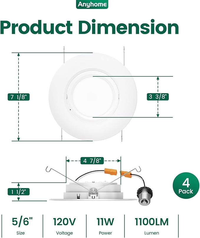 6 Inch Gimbal Led Recessed Lighting Retrofit,4 Retrofit Led Recessed Lighting,5 CCT 2700K-5000K Dimmable 11W 900LM,Compatible with TP24 Connector/E26 Bases,ETL & ES(4 Pack)
