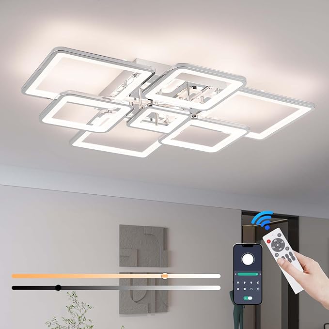 Modern LED Ceiling Light 35.04" Dimmable Chrome Flush Mount Ceiling Light with Remote 7 Rings 90W 3000K-6500K Ceiling Lamp for Living Room,Bedroom,Kitchen