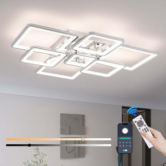 Modern LED Ceiling Light 35.04" Dimmable Chrome Flush Mount Ceiling Light with Remote 7 Rings 90W 3000K-6500K Ceiling Lamp for Living Room,Bedroom,Kitchen