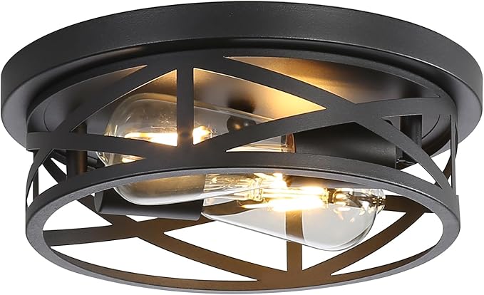 Farmhouse Flush Mount Ceiling Light Fixtures, Industrial Close to Ceiling Light 2-Lights, 11 Inch Metal Black Cage Rustic Style Indoor Light Fixtures for Hallway Kitchen Bedroom Entryway