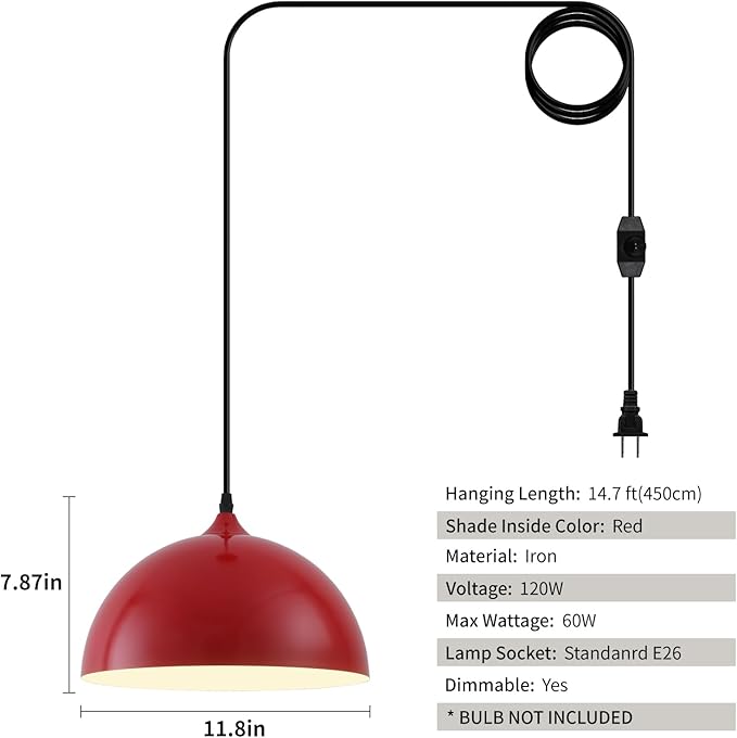 Red Plug in Pendant Light 2 Packs 11.8inch 14.7 ft, Farmhouse Pendant Light, Kitchen Pendant Lights, Pendant Lights Kitchen Island, Hanging Lights with Plug in Cord for Dining Room, Bedroom
