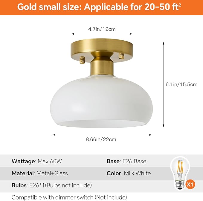 Semi Flush Mount Ceiling Light, Mid Century Modern Gold Light Fixture with Milk Glass Shade 8.66''Vintage Ceiling Lamp for Entryway Hallway Foyer, Laundry Room, Schoolhouse