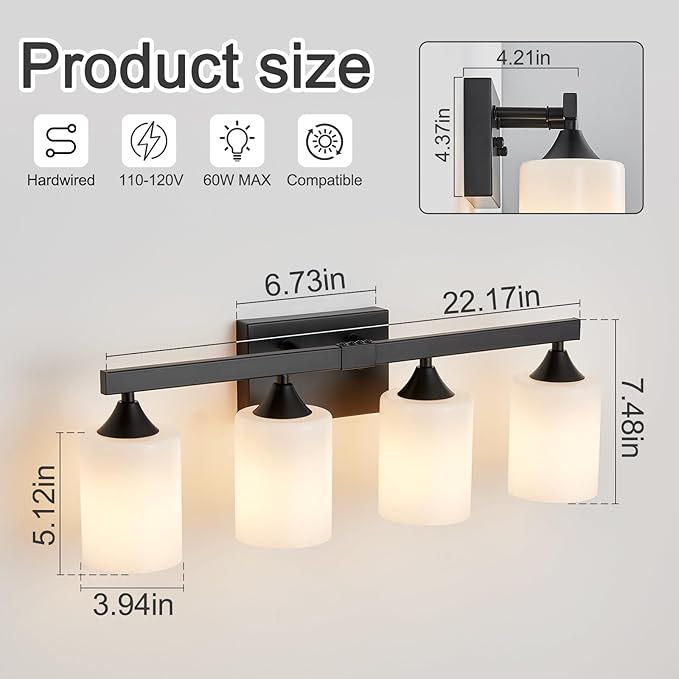 ZHU YAN Bathroom Lights Fixtures Over Mirror,4-Light Vanity Light Fixtures,White Frosted Glass Shades,22 Inches Modern Matte Black Wall Sconces for Bathroom,Bedroom,E26 Base