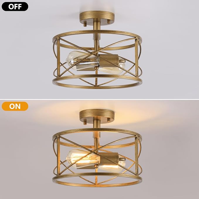 Brushed Gold Semi Flush Ceiling Light Fixture, 2-Light Farmhouse Flush Mount Light Fixture, Modern Industrial Metal Cage Pendant Lighting for Hallway, Bedroom, Kitchen, Foyer, Living Room, Dining Room