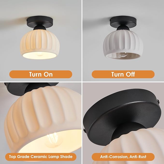 2 Pack Ceramic Semi Flush Mount Ceiling Light,Vintage Black Hallway Light Fixtures, White Globe Ceiling Lights,Mid Century Small Chandelier Light Fixture for Cottage Entryway Laundry Room Kitchen
