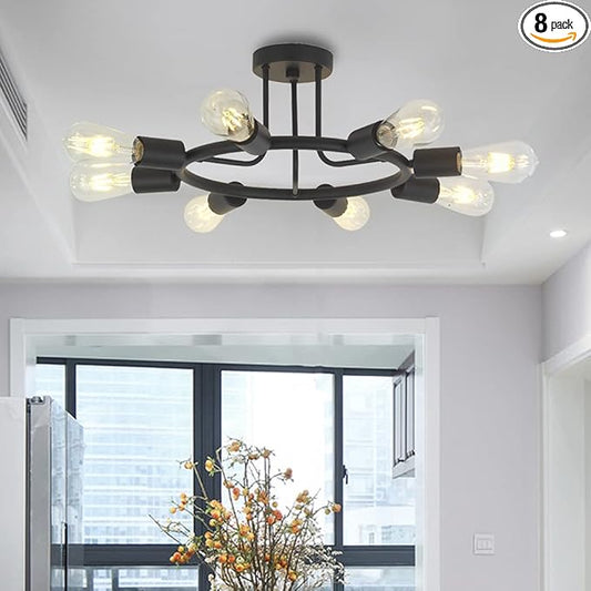 BONLICHT 8 Lights Semi Flush Mount Sputnik Ceiling Light Modern Metal Chandelier Lighting Black Industrial Vintage Sputnik Light Fixtures for Kitchen Island Dining Room Foyer Bedroom
