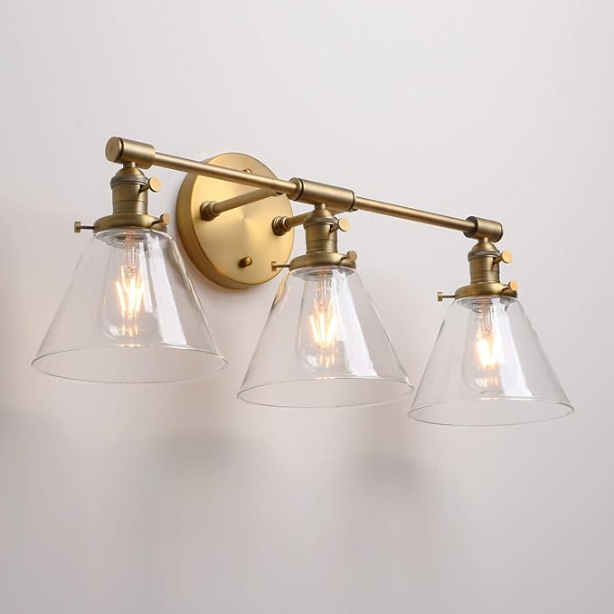 Permo Vintage Industrial Antique Three-Light Wall Sconces with Funnel Flared Clear Glass Shade (Antique)