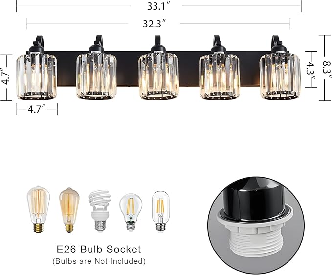 Crystal Vanity Light Black 5 Lights Modern Bathroom Vanity Lighting Fixtures with Crystal Round Shade Over Mirror (Exclude Bulb)
