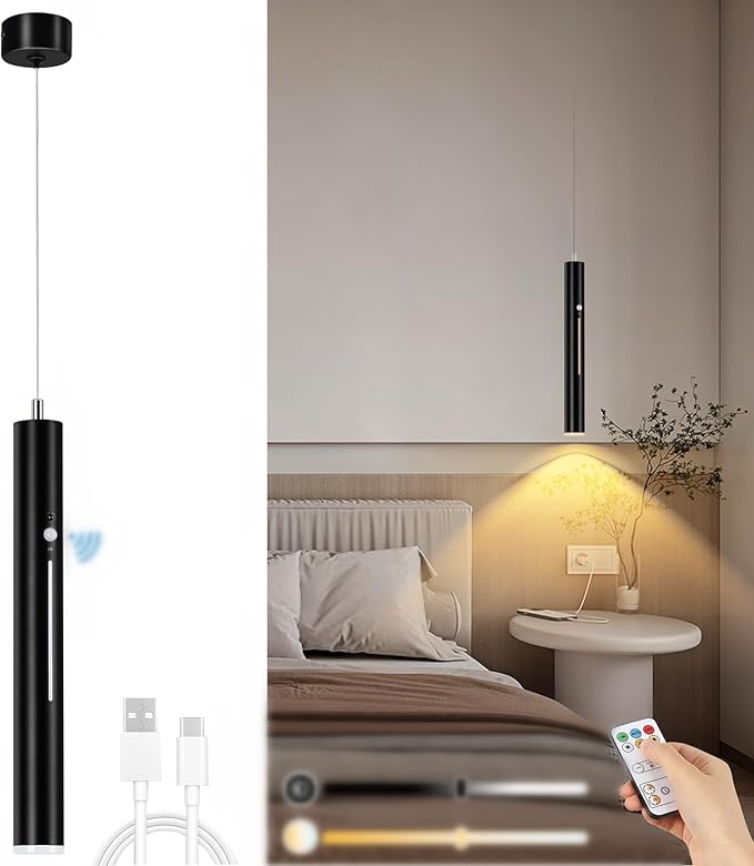 Lightess Battery Operated Pendant Light with Remote, 6000mAh Rechargeable Pendant Light with Motion Sensor, 3 Color Dimmable Black Wireless Chandelier for Island Kitchen Dinning Room