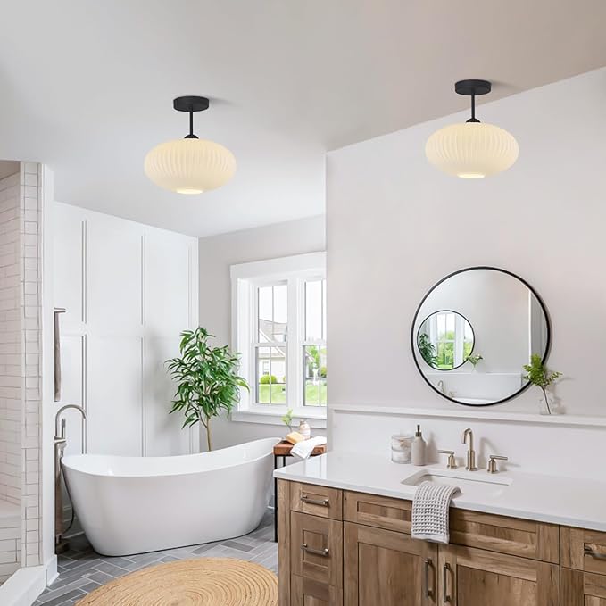 White Ribbed Glass Flush Mount Ceiling Light Large Vintage Milk Glass Semi Flush Mount Light Farmhouse Black Ceiling Light Fixtures Mid Century Modern Hallway Light Fixtures (2 Pack)