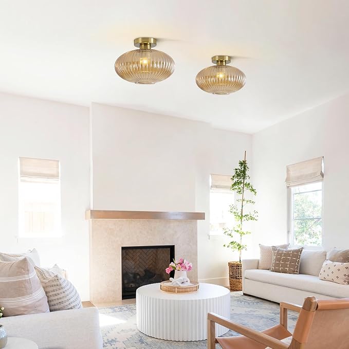 BOKT Brass Gold Semi Flush Mount Ceiling Lighting Amber Modern Schoolhouse Light Fixture Globe Glass Industrial Close to Ceiling Light with Glass Shade for Bathroom Entryway Farmhouse