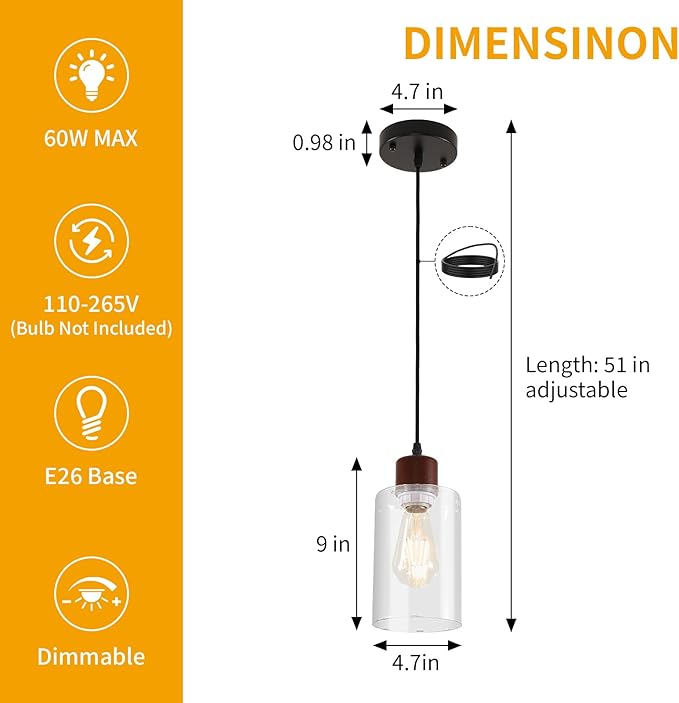 Modern Wood Pendant Lighting for Kitchen Island, Farmhouse Pendant Light Fixtures 1 Pack, Adjustable Hanging Ceiling Light with Clear Glass Shade